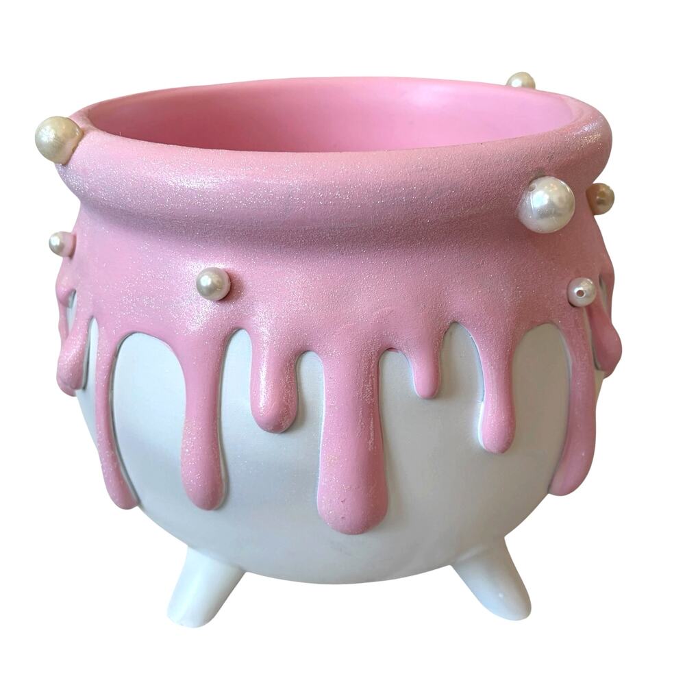 Posh Pink Pearl Glitter Drip Cauldron 12in Chic Halloween Glam Candy Bowl NEW